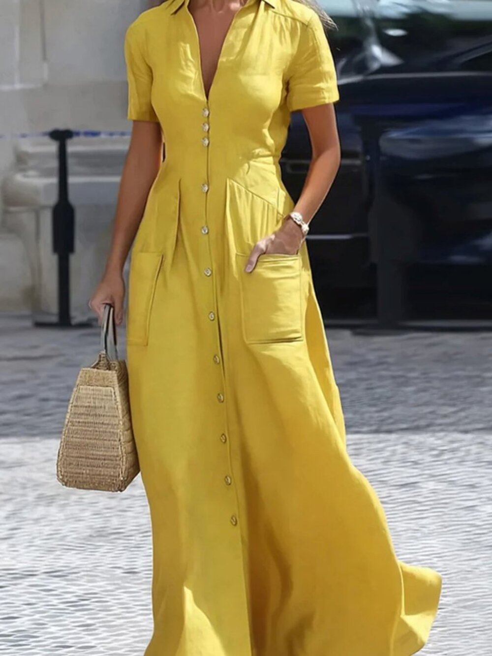 Stylewe Button Front Maxi Shirt Dress Small Yellow Pockets Solid Collared